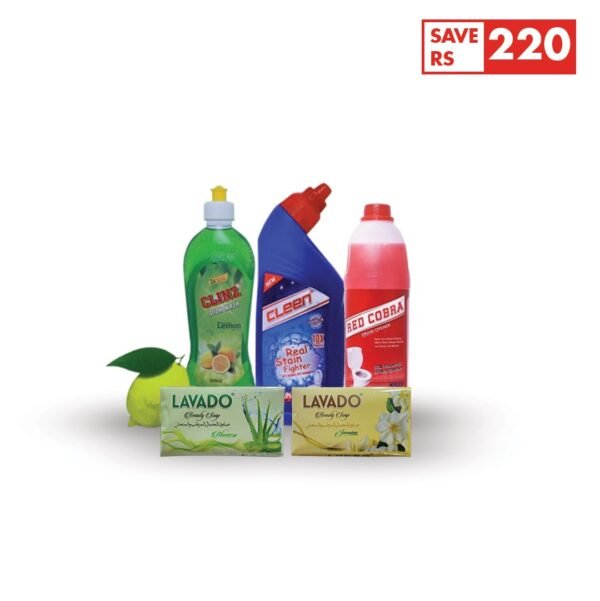 2 Beauty Soap(120g) | 1 Dish Wash(250 ml) | 1 Toilet Cleaner(500ml) | 1 Drain Opener
